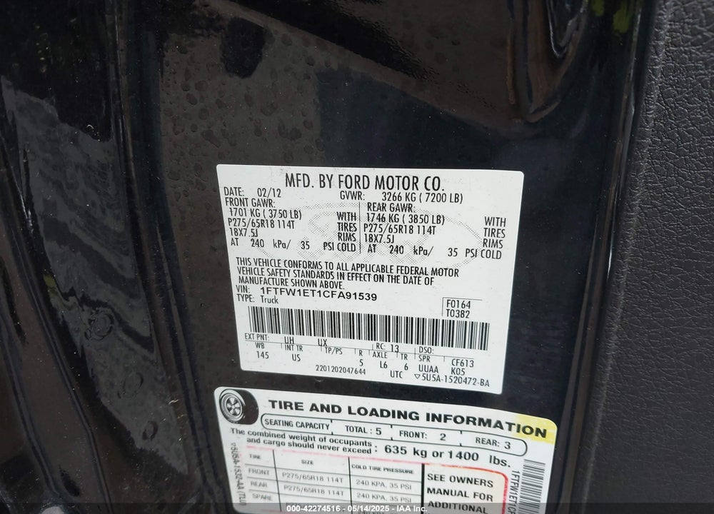 2012 FORD F-150 VIN: 1FTFW1ET1CFA91539