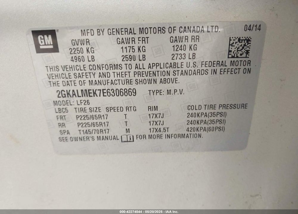 2014 GMC TERRAIN SLE-1 VIN: 2GKALMEK7E6306869