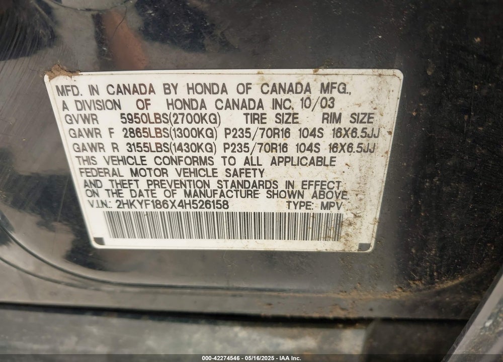 2004 HONDA PILOT EX-L VIN: 2HKYF186X4H526158
