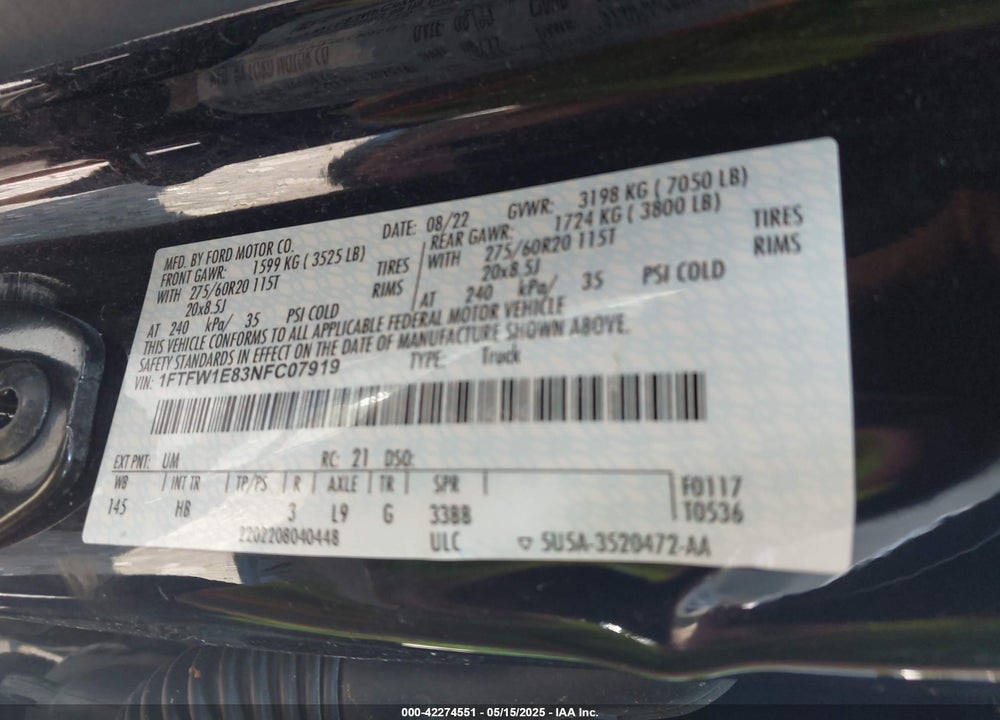 2022 FORD F-150 LARIAT VIN: 1FTFW1E83NFC07919