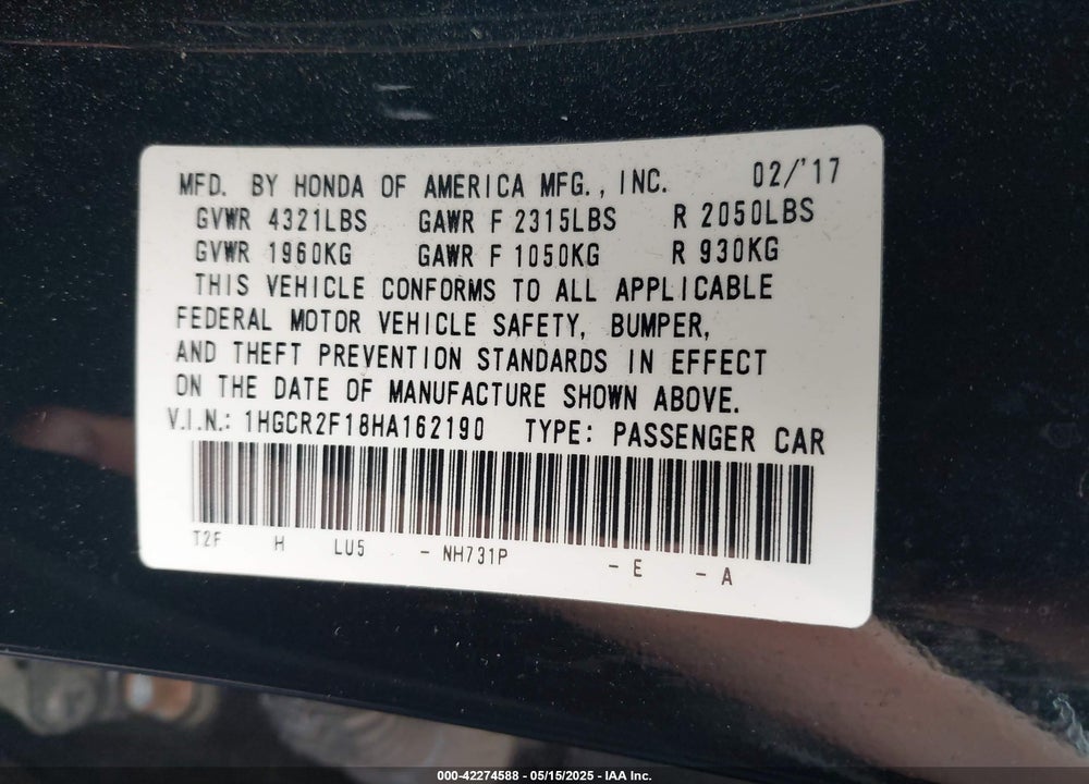 2017 HONDA ACCORD VIN: 1HGCR2F18HA162190