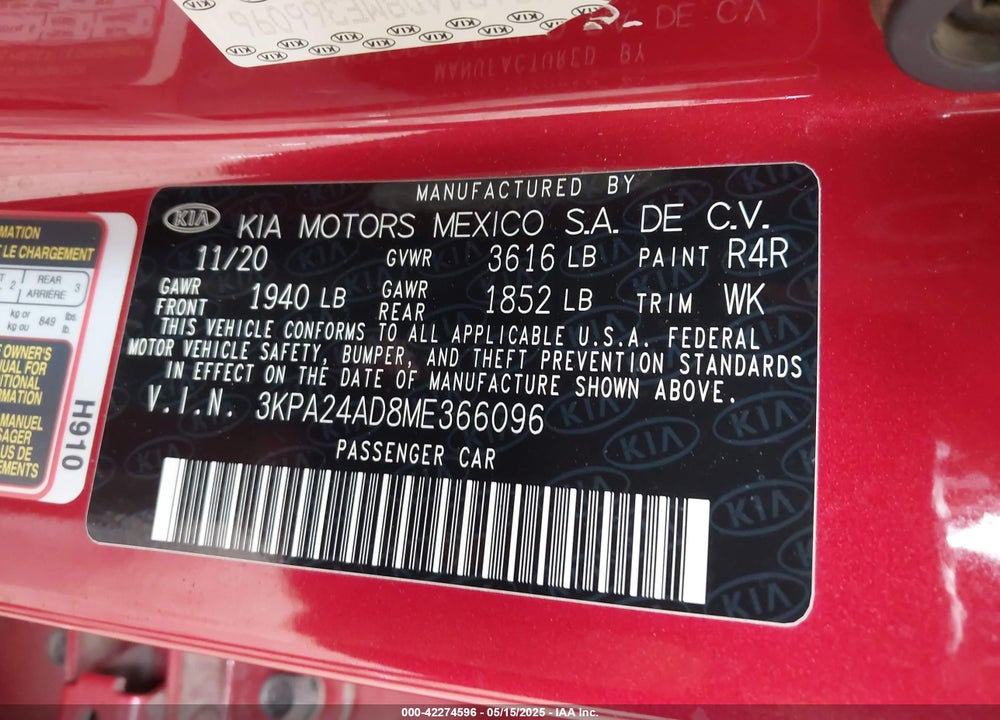 2021 KIA RIO VIN: 3KPA24AD8ME366096