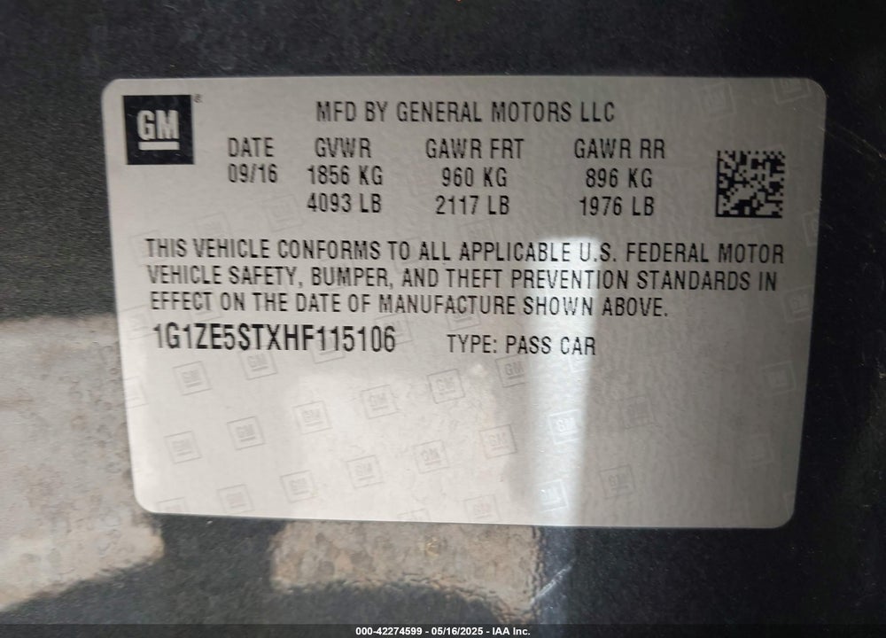 2017 CHEVROLET MALIBU 1LT VIN: 1G1ZE5STXHF115106