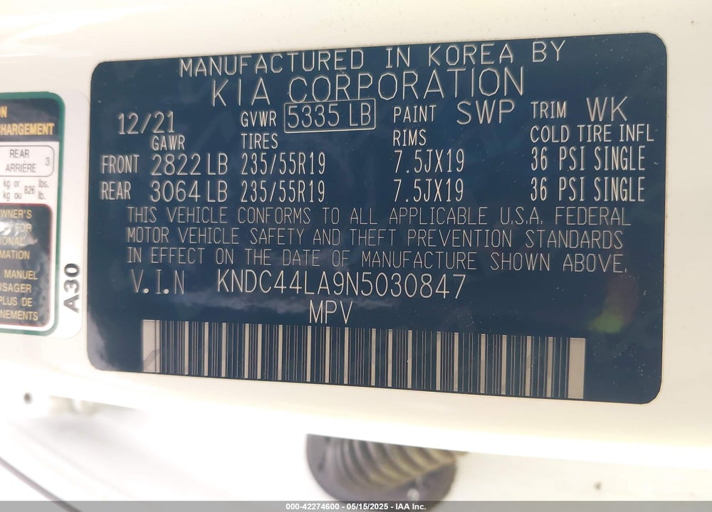 2022 KIA EV6 VIN: KNDC44LA9N5030847