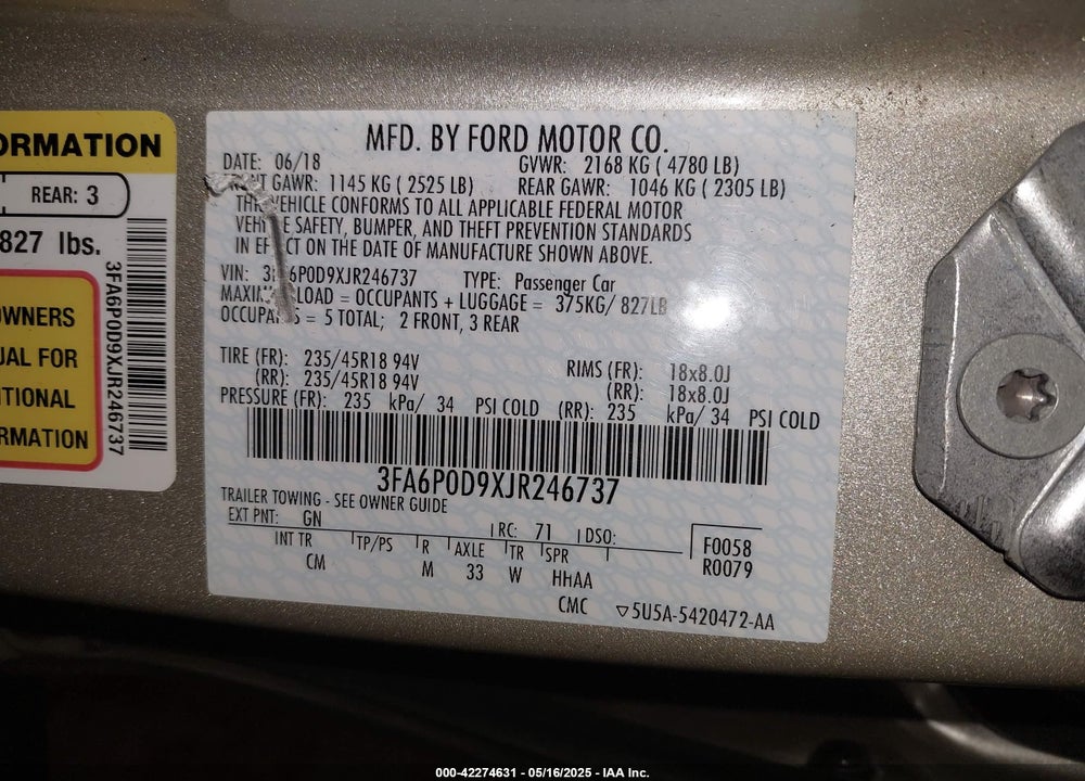 2018 FORD FUSION VIN: 3FA6P0D9XJR246737
