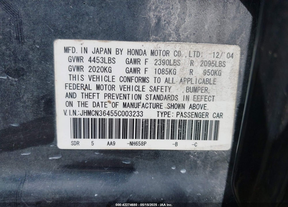 2005 HONDA ACCORD HYBRID VIN: JHMCN36455C003233
