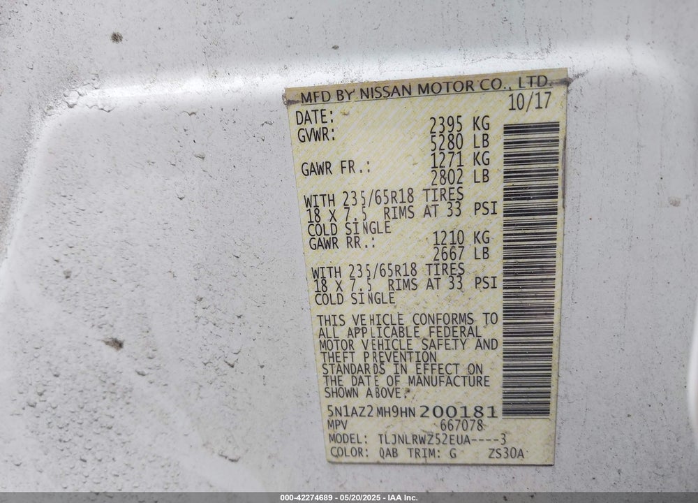 2017 NISSAN MURANO VIN: 5N1AZ2MH9HN200181