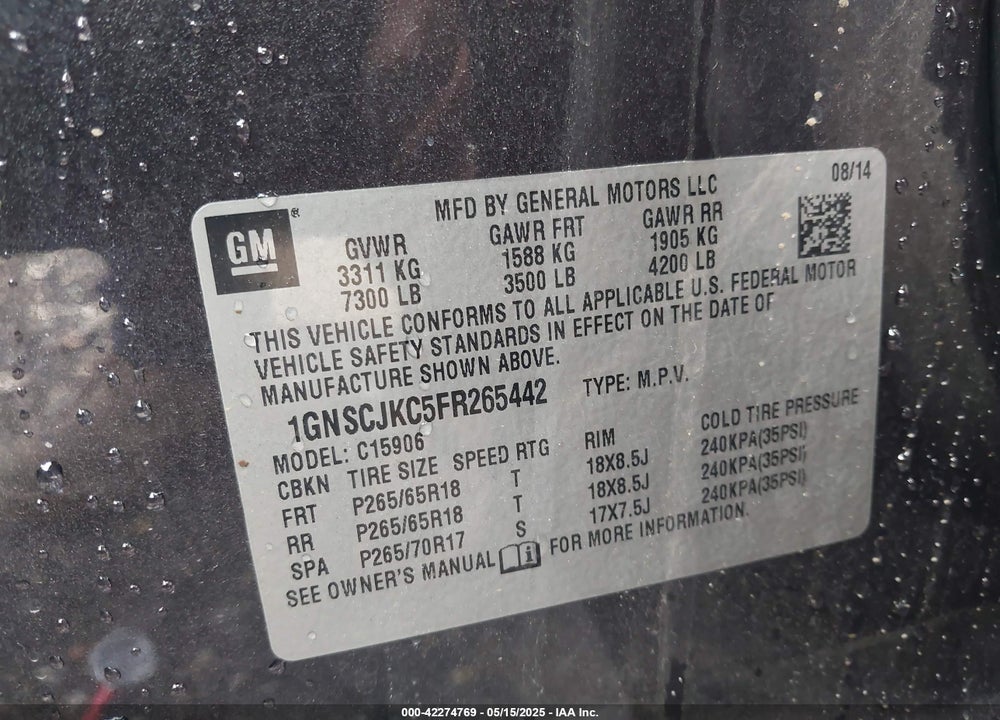 2015 CHEVROLET SUBURBAN 1500 LT VIN: 1GNSCJKC5FR265442