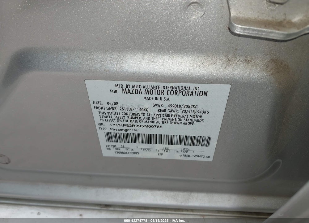 2009 MAZDA 6 VIN: 1YVHP82B395M00785