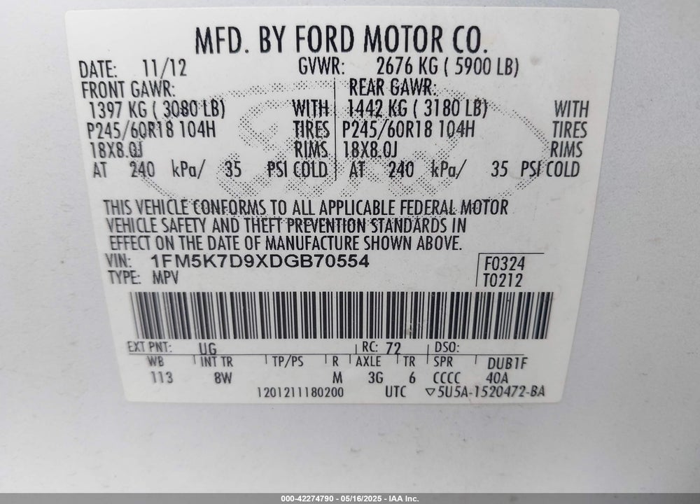 2013 FORD EXPLORER VIN: 1FM5K7D9XDGB70554