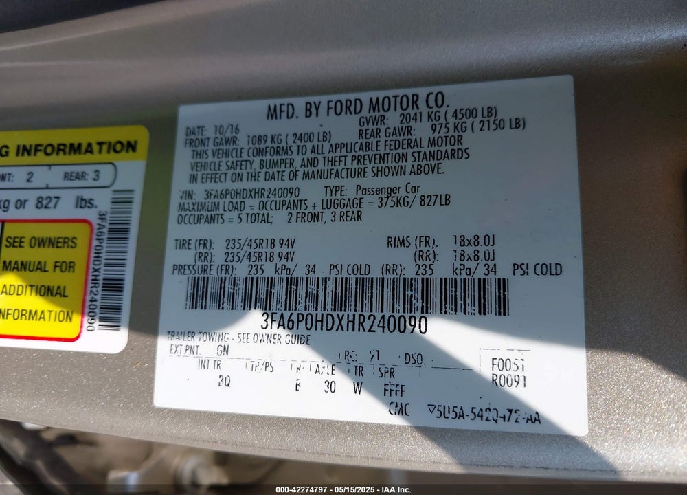 2017 FORD FUSION SE VIN: 3FA6P0HDXHR240090