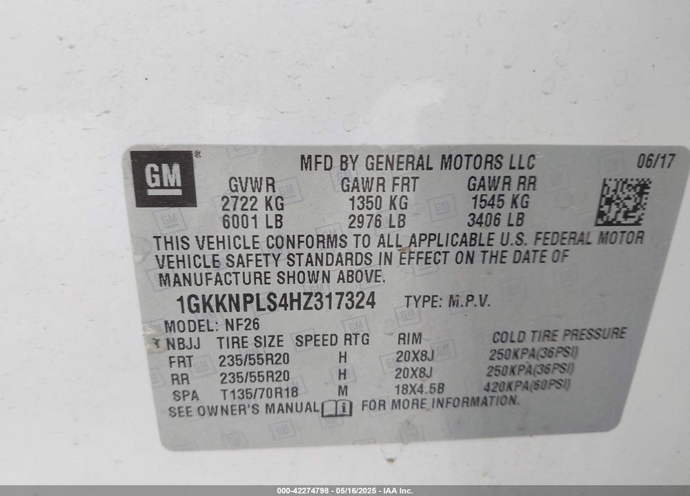 2017 GMC ACADIA DENALI VIN: 1GKKNPLS4HZ317324