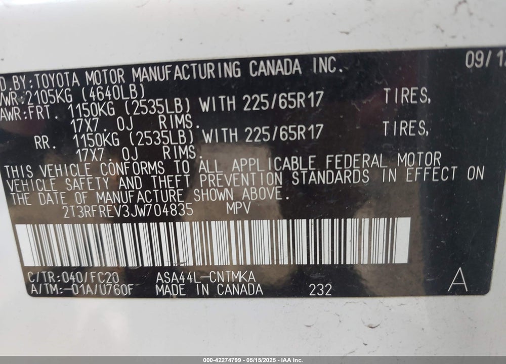 2018 TOYOTA RAV4 VIN: 2T3RFREV3JW704835