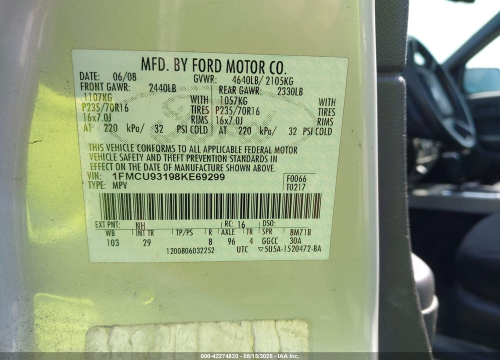 2008 FORD ESCAPE XLT VIN: 1FMCU93198KE69299