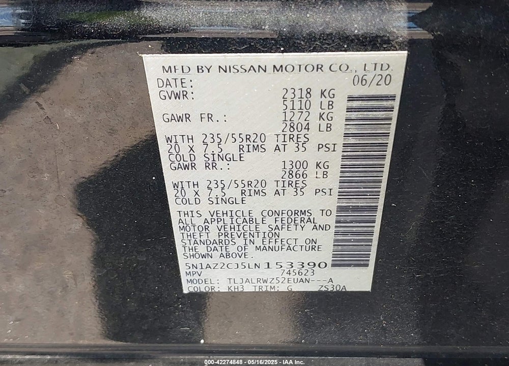 2020 NISSAN MURANO VIN: 5N1AZ2CJ5LN153390