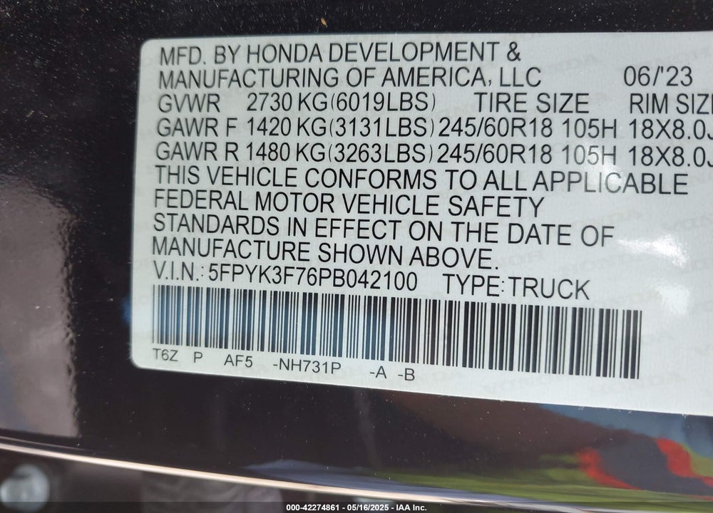 2023 HONDA RIDGELINE VIN: 5FPYK3F76PB042100