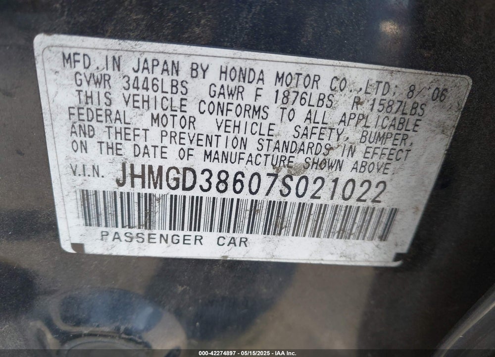 2007 HONDA FIT VIN: JHMGD38607S021022