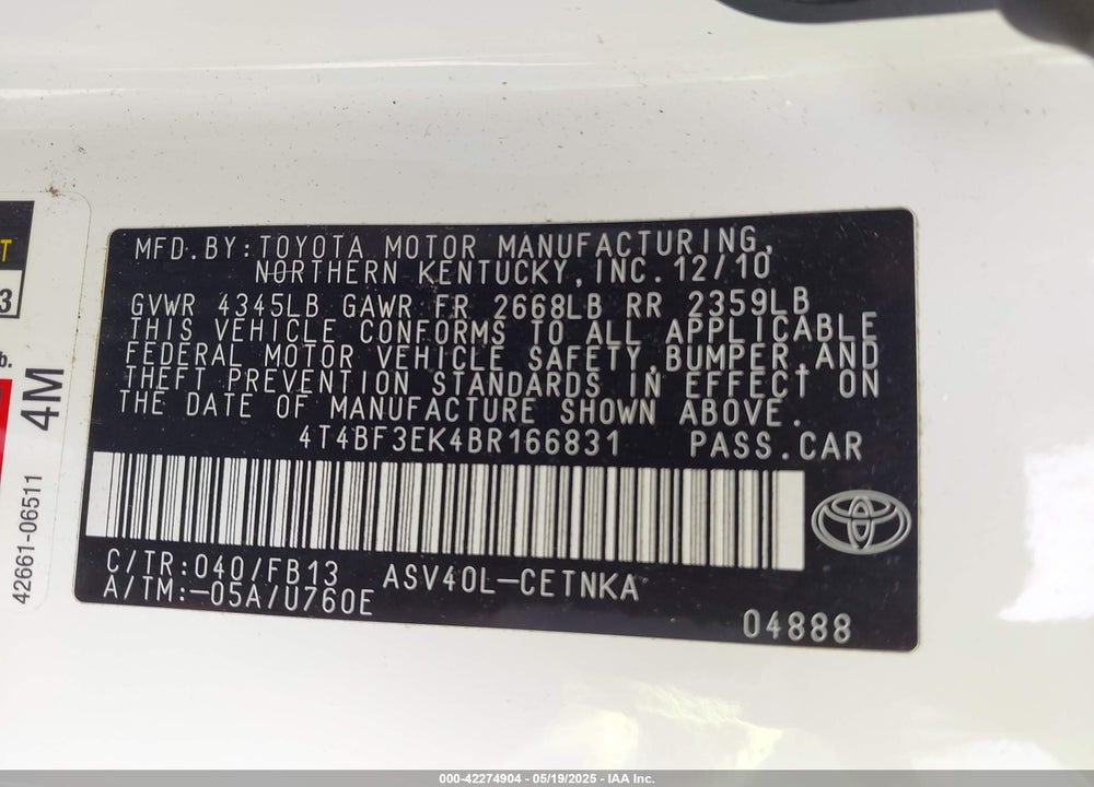 2011 TOYOTA CAMRY VIN: 4T4BF3EK4BR166831