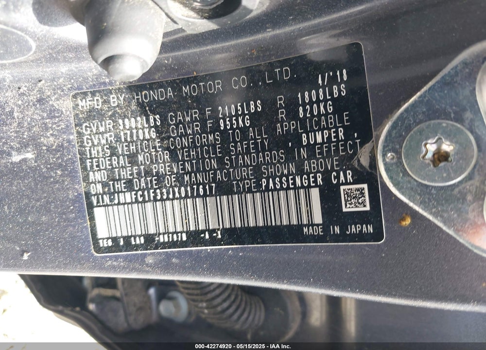 2018 HONDA CIVIC VIN: JHMFC1F33JX017617