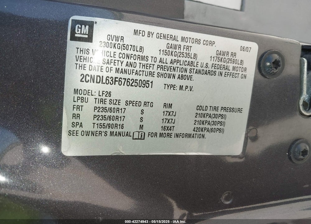 2007 CHEVROLET EQUINOX VIN: 2CNDL63F676250951