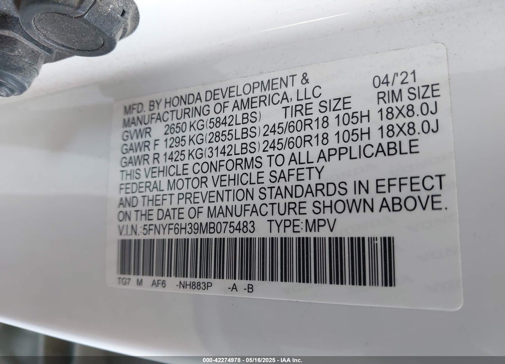 2021 HONDA PILOT AWD EX VIN: 5FNYF6H39MB075483