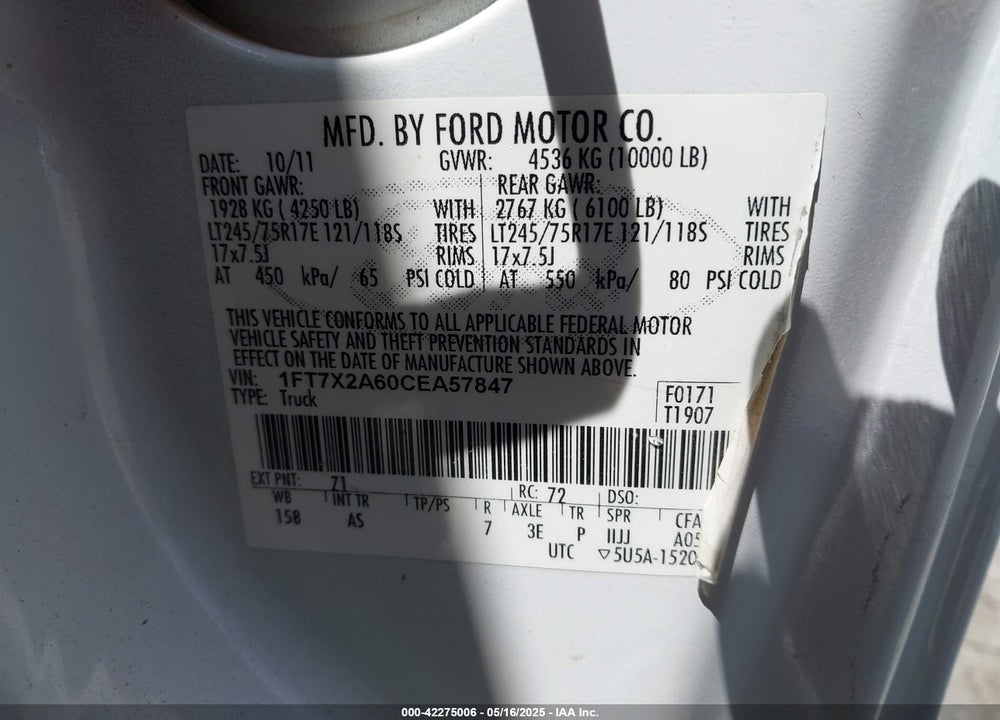 2012 FORD F-250 XL VIN: 1FT7X2A60CEA57847