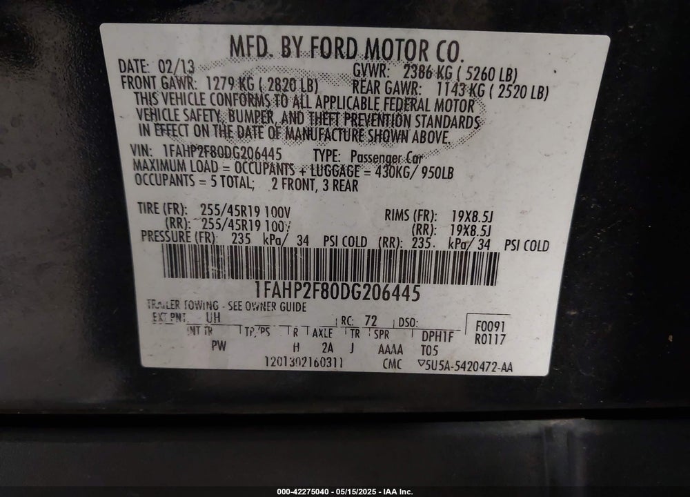 2013 FORD TAURUS LIMITED VIN: 1FAHP2F80DG206445