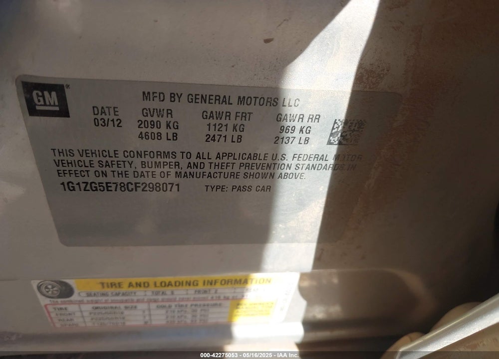 2012 CHEVROLET MALIBU VIN: 1G1ZG5E78CF298071