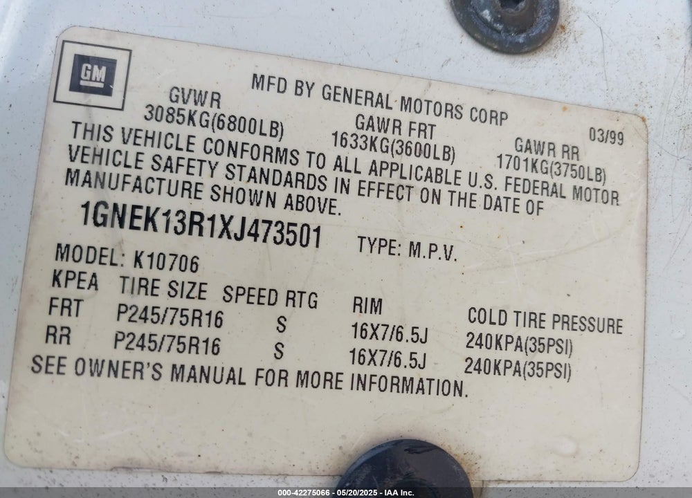 1999 CHEVROLET TAHOE LS VIN: 1GNEK13R1XJ473501