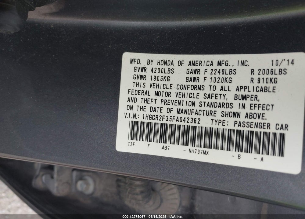 2015 HONDA ACCORD LX VIN: 1HGCR2F35FA042362