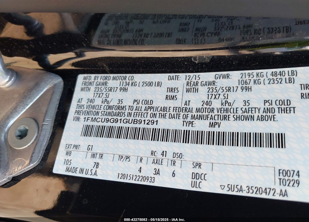2016 FORD ESCAPE VIN: 1FMCU9G91GUB91291