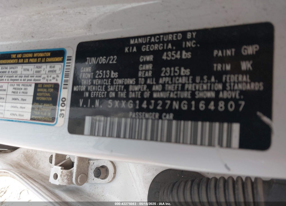2022 KIA K5 VIN: 5XXG14J27NG164807