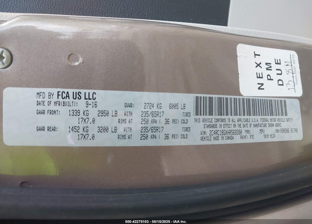 2017 CHRYSLER PACIFICA VIN: 2C4RC1BGXHR569390