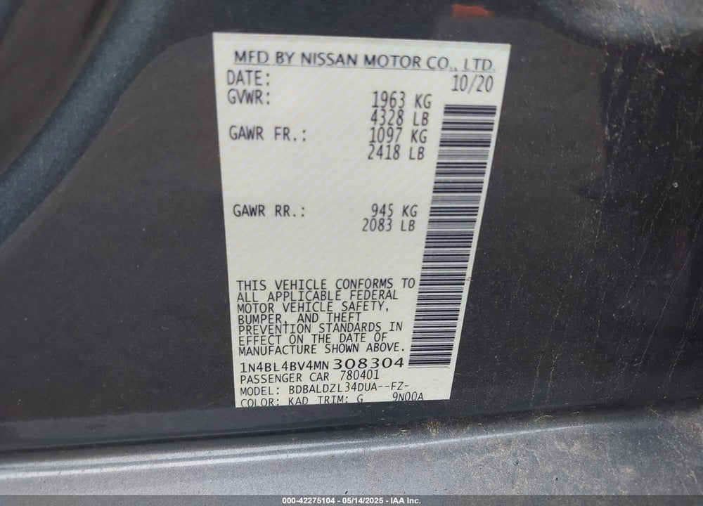 2021 NISSAN ALTIMA VIN: 1N4BL4BV4MN308304