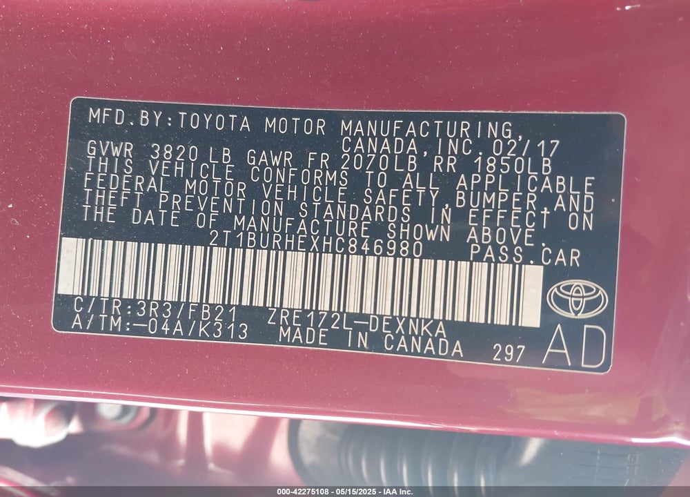 2017 TOYOTA COROLLA LE VIN: 2T1BURHEXHC846980
