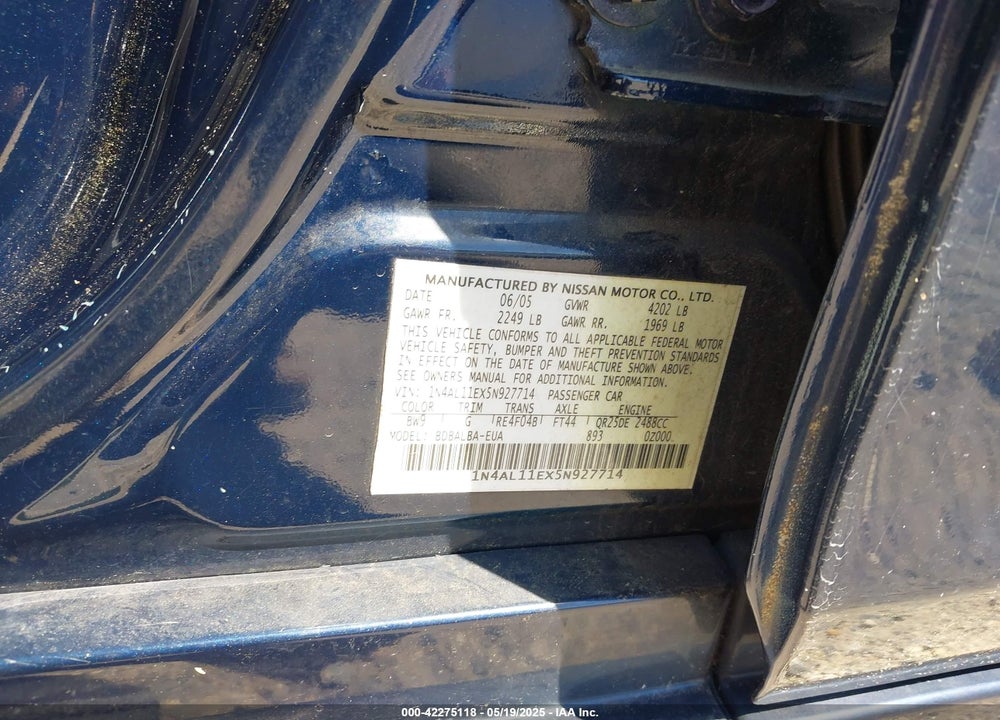 2005 NISSAN ALTIMA 2.5 S VIN: 1N4AL11EX5N927714