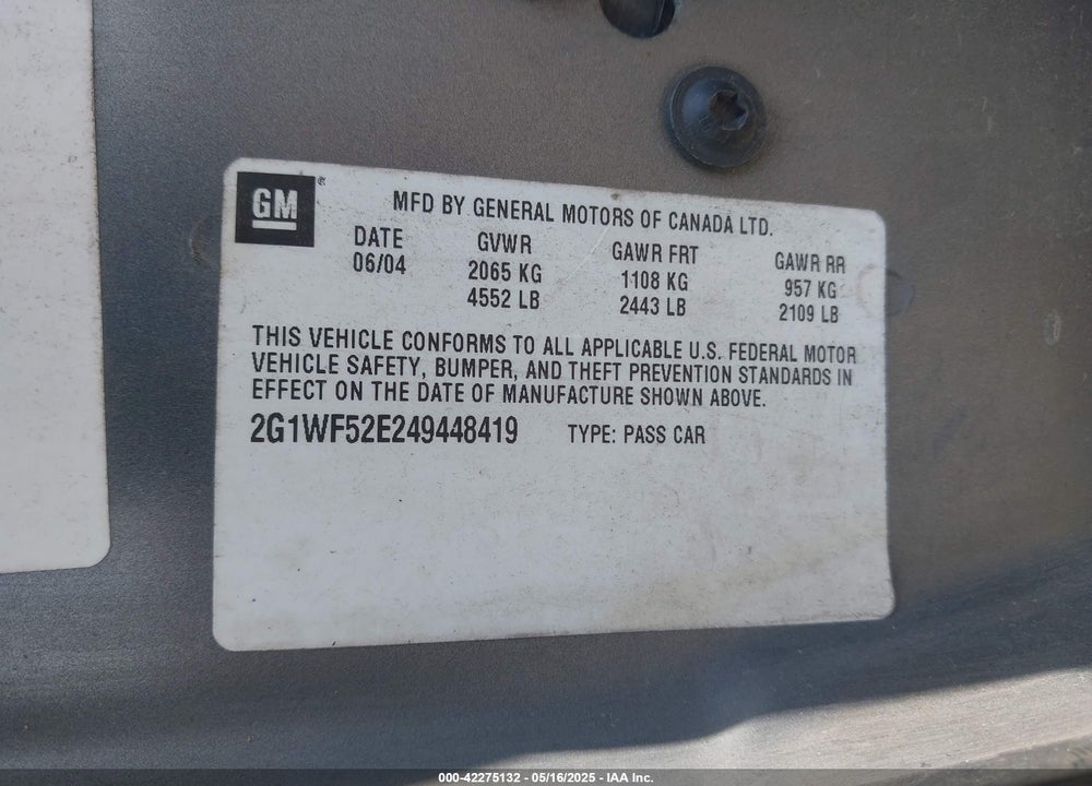 2004 CHEVROLET IMPALA VIN: 2G1WF52E249448419