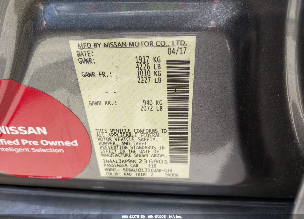 2017 NISSAN ALTIMA 2.5 SR VIN: 1N4AL3AP9HC236901