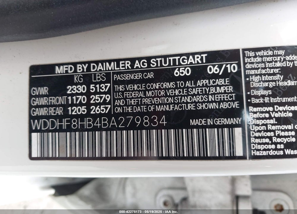 2011 MERCEDES-BENZ E 350 VIN: WDDHF8HB4BA279834