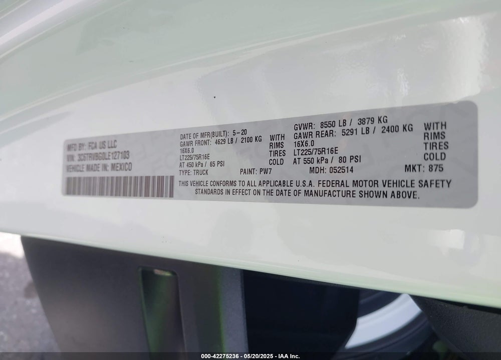2020 RAM PROMASTER 1500 HIGH ROOF 136 WB VIN: 3C6TRVBG0LE127103