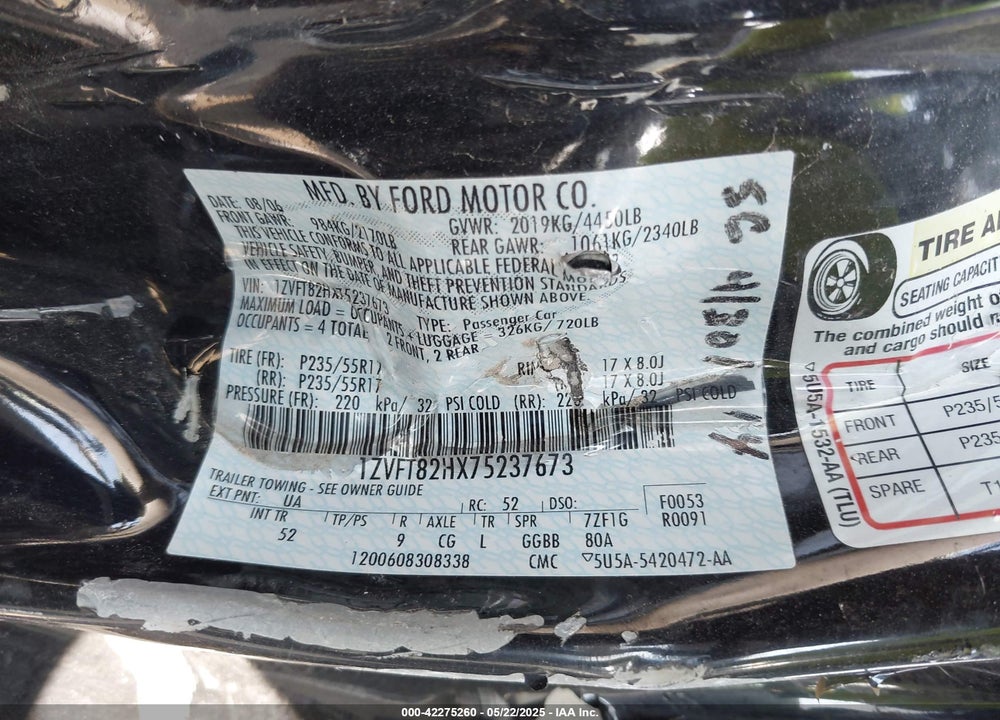 2007 FORD MUSTANG GT DELUXE/GT PREMIUM VIN: 1ZVFT82HX75237673