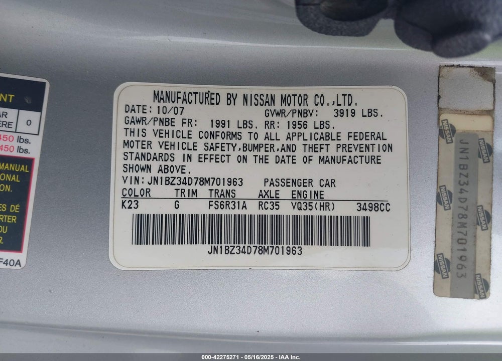 2008 NISSAN 350Z ENTHUSIAST VIN: JN1BZ34D78M701963