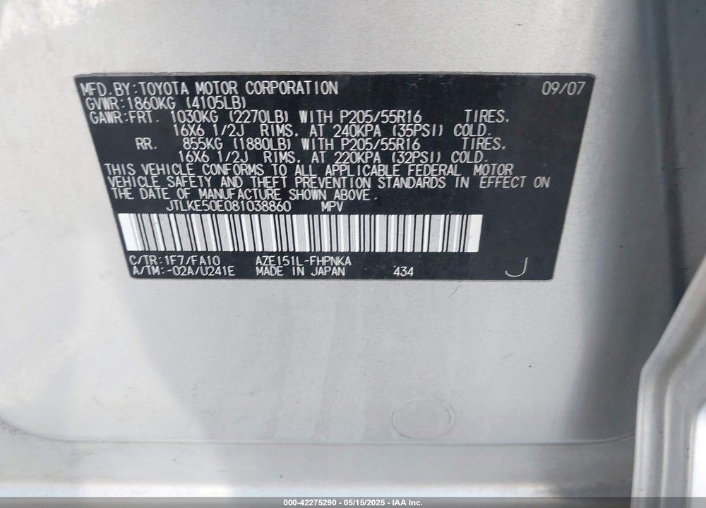 2008 SCION XB VIN: JTLKE50E081038860