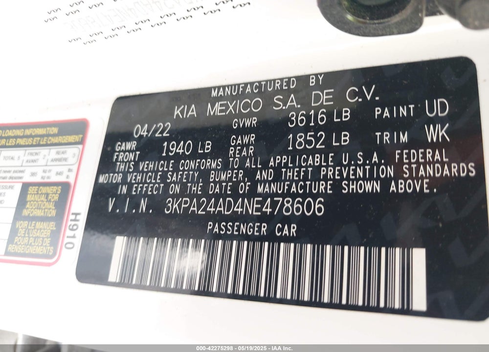 2022 KIA RIO S VIN: 3KPA24AD4NE478606