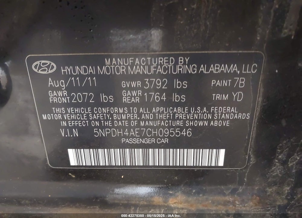 2012 HYUNDAI ELANTRA VIN: 5NPDH4AE7CH095546