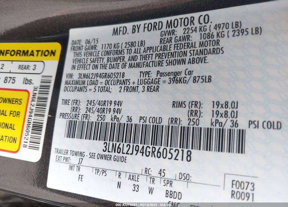 2016 LINCOLN MKZ VIN: 3LN6L2J94GR605218