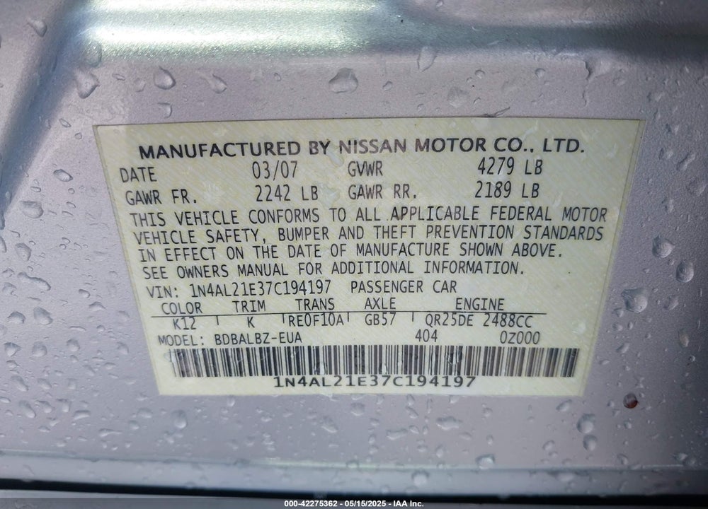 2007 NISSAN ALTIMA VIN: 1N4AL21E37C194197
