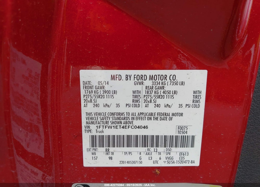 2014 FORD F-150 VIN: 1FTFW1ET4EFC04046