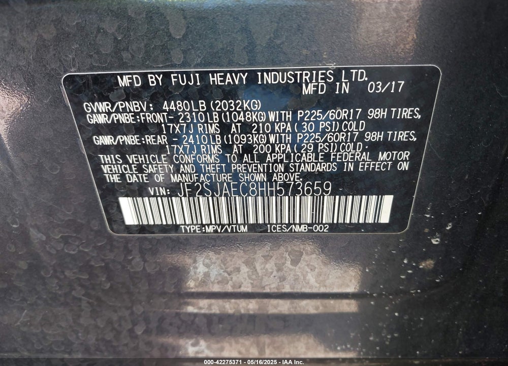 2017 SUBARU FORESTER 2.5I PREMIUM VIN: JF2SJAEC8HH573659