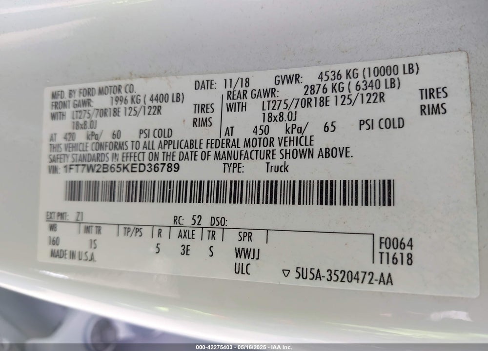 2019 FORD F-250 VIN: 1FT7W2B65KED36789